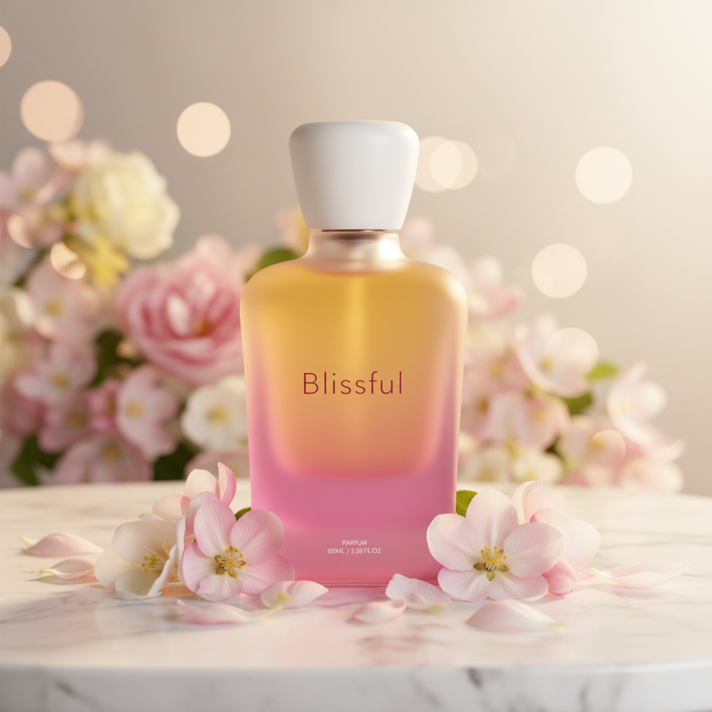 Blissful 100ml perfume bottle with floral background