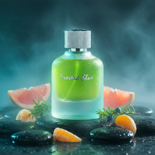 Frosted Blue 100ml perfume bottle with aquatic background